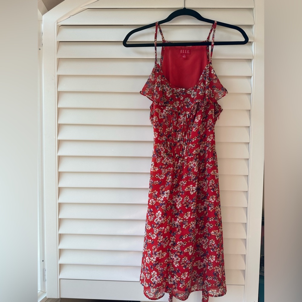 Elle red floral dress with waist tie, size 16.